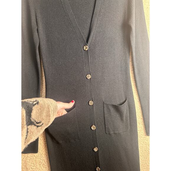 Naadam Cashmere Silk Black Sweater Dress Longline Cardigan Womens M Pockets Luce - Picture 7 of 16